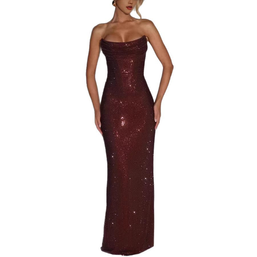 Women's Strapless Sequin Evening Gown – Sparkly Bodycon Maxi Dress