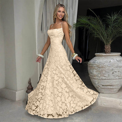 Elegant Lace Evening Gown – Spaghetti Strap Maxi Dress