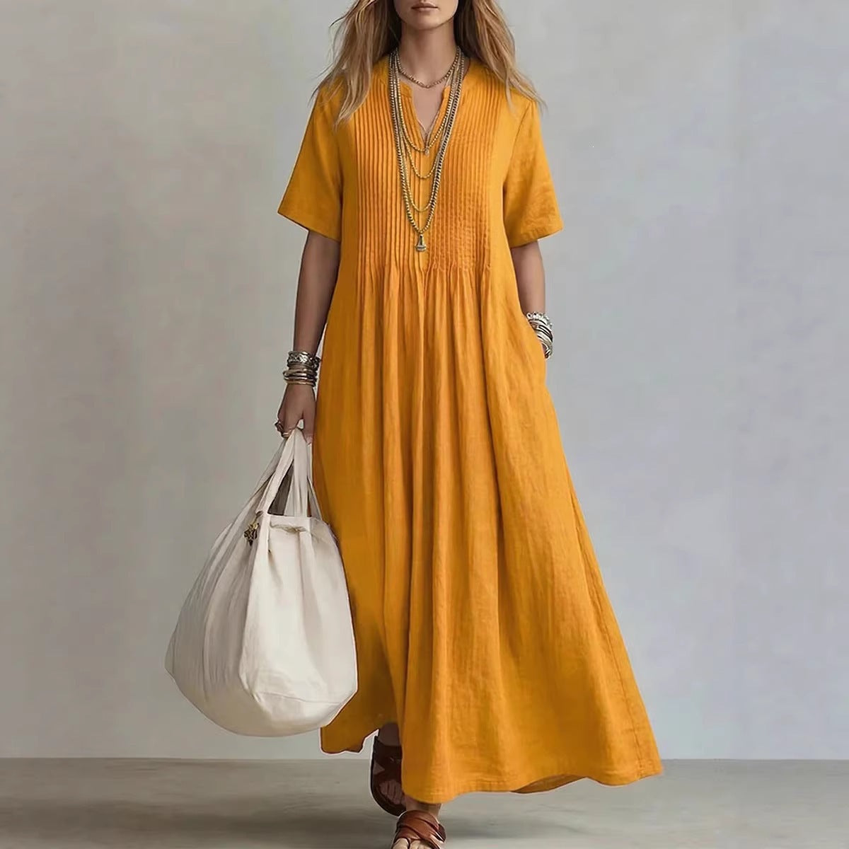 Women's Cotton Linen Maxi Dress – Casual V-Neck Boho Summer Dress