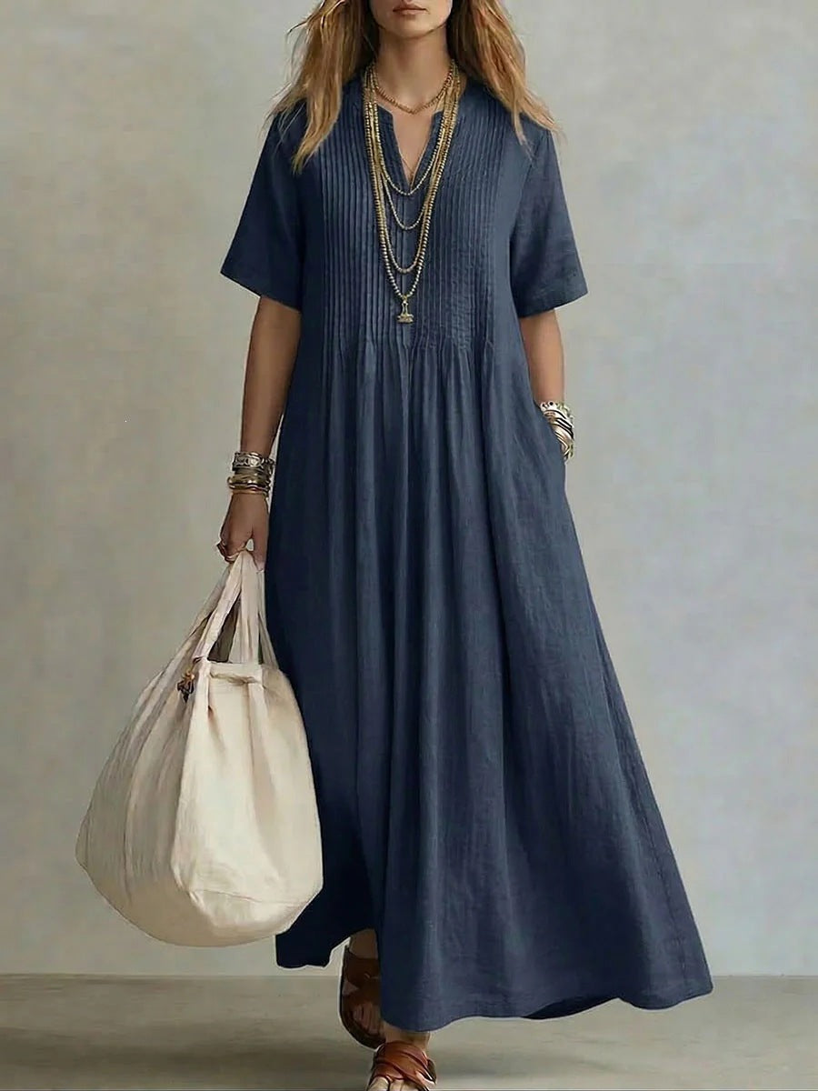 Women's Cotton Linen Maxi Dress – Casual V-Neck Boho Summer Dress