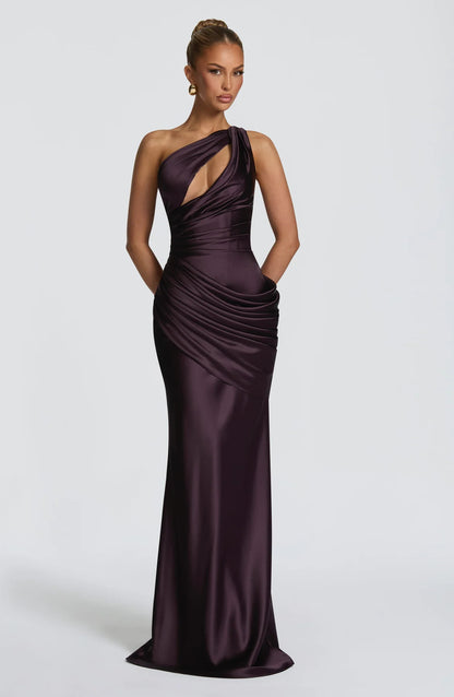Women's One Shoulder Satin Mermaid Evening Gown with Cutout Detail