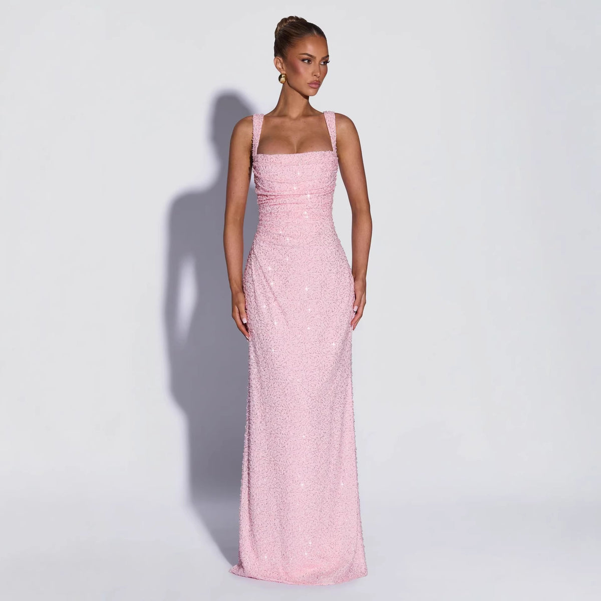 Women's Pink Sequin Evening Gown – Elegant Sleeveless Maxi Dress