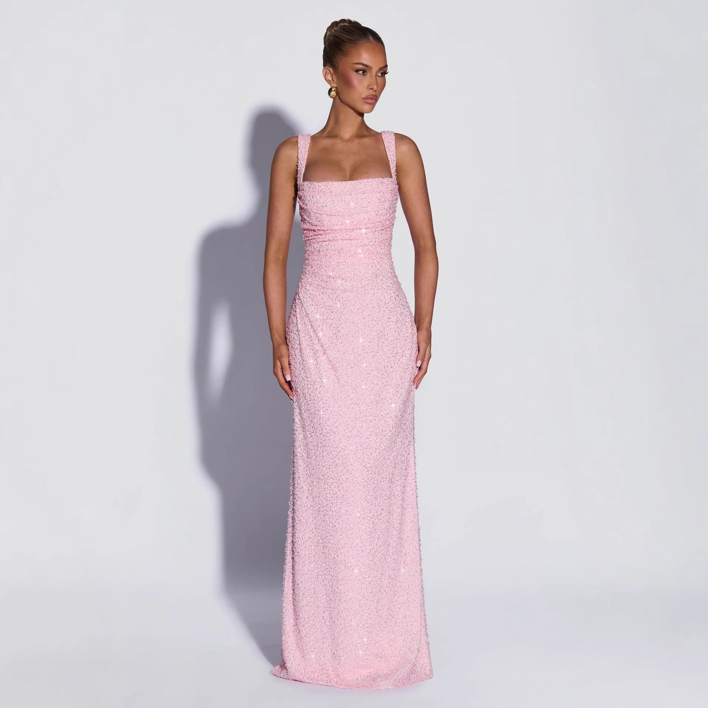 Women's Pink Sequin Evening Gown – Elegant Sleeveless Maxi Dress