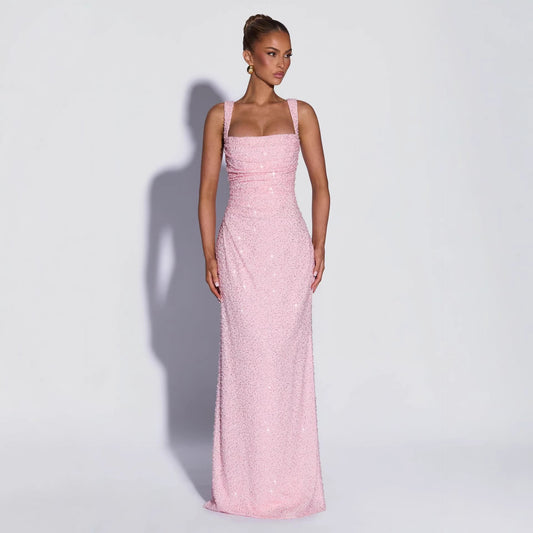 Women's Pink Sequin Evening Gown – Elegant Sleeveless Maxi Dress