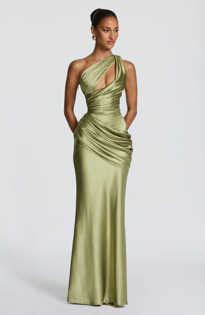 Women's One Shoulder Satin Mermaid Evening Gown with Cutout Detail