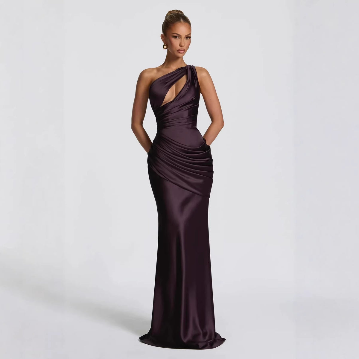 Women's One Shoulder Satin Mermaid Evening Gown with Cutout Detail
