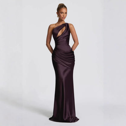 Women's One Shoulder Satin Mermaid Evening Gown with Cutout Detail