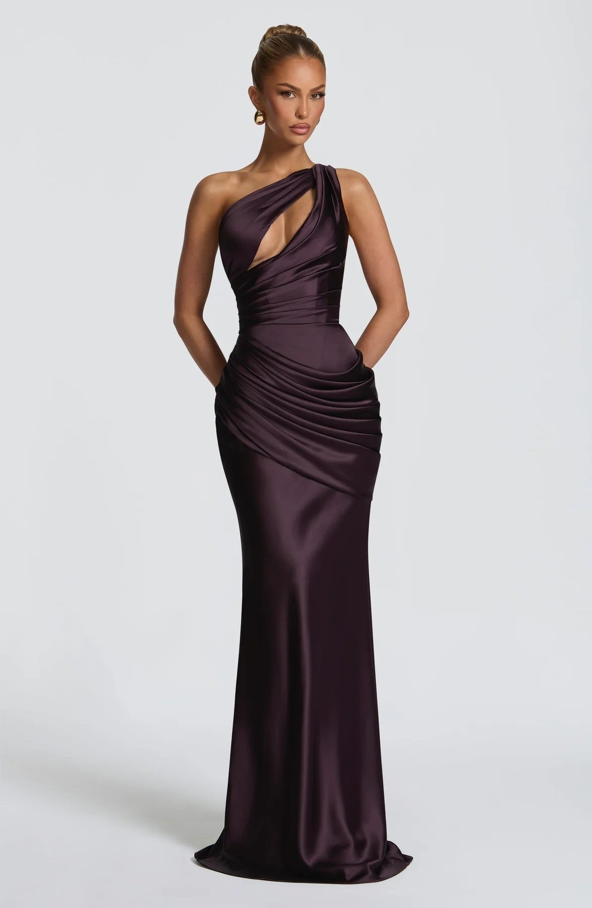 Women's One Shoulder Satin Mermaid Evening Gown with Cutout Detail