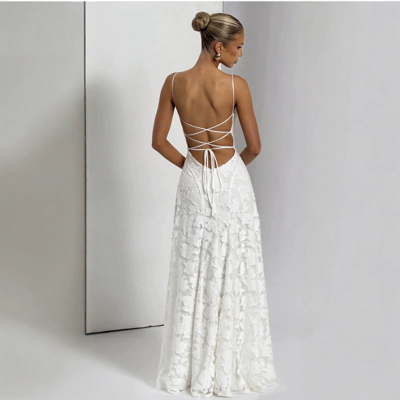 Elegant Lace Evening Gown – Spaghetti Strap Maxi Dress