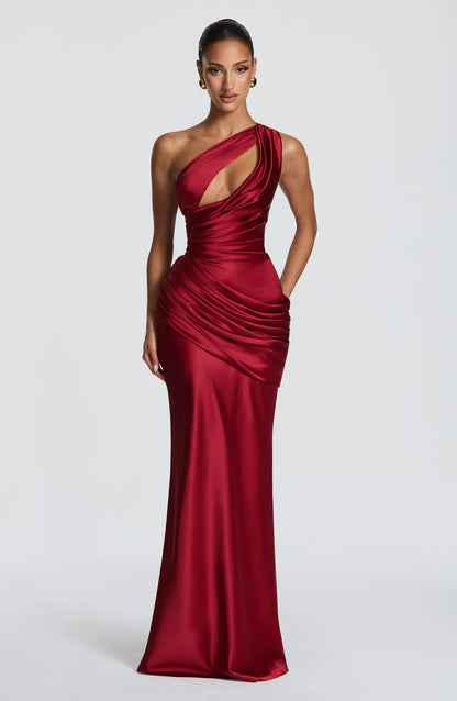 Women's One Shoulder Satin Mermaid Evening Gown with Cutout Detail