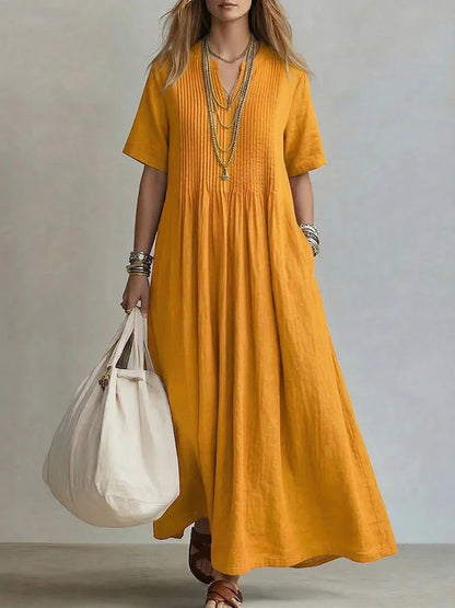 Women's Cotton Linen Maxi Dress – Casual V-Neck Boho Summer Dress