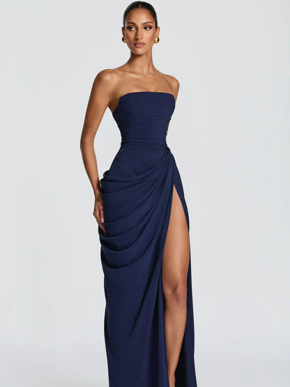 Strapless Ruched High Slit Evening Gown