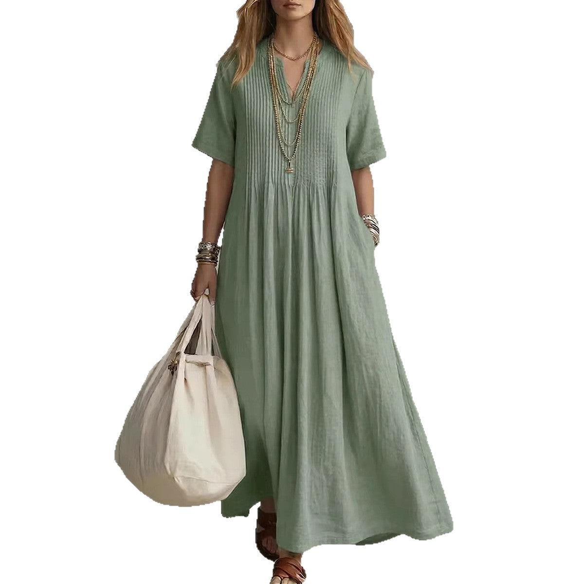 Women's Cotton Linen Maxi Dress – Casual V-Neck Boho Summer Dress