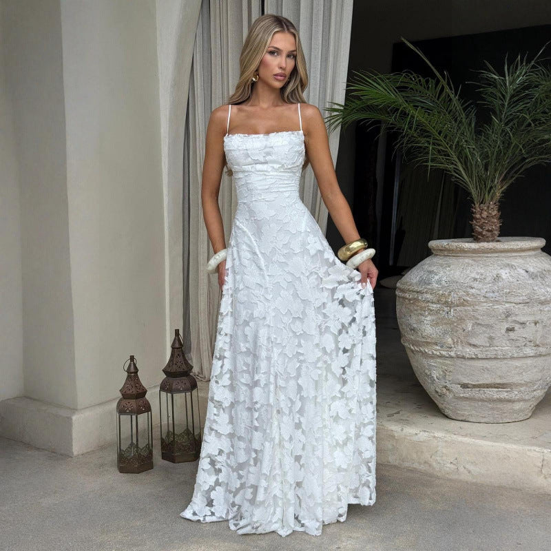 Elegant Lace Evening Gown – Spaghetti Strap Maxi Dress