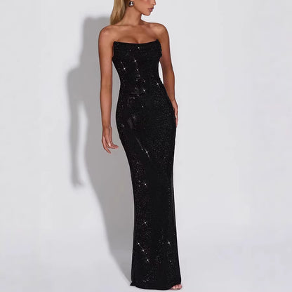 Women's Strapless Sequin Evening Gown – Sparkly Bodycon Maxi Dress