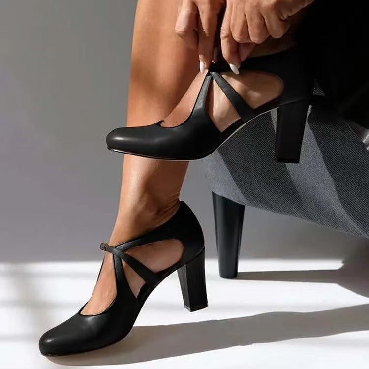 Elegant Round Toe Buckle Heeled Shoes