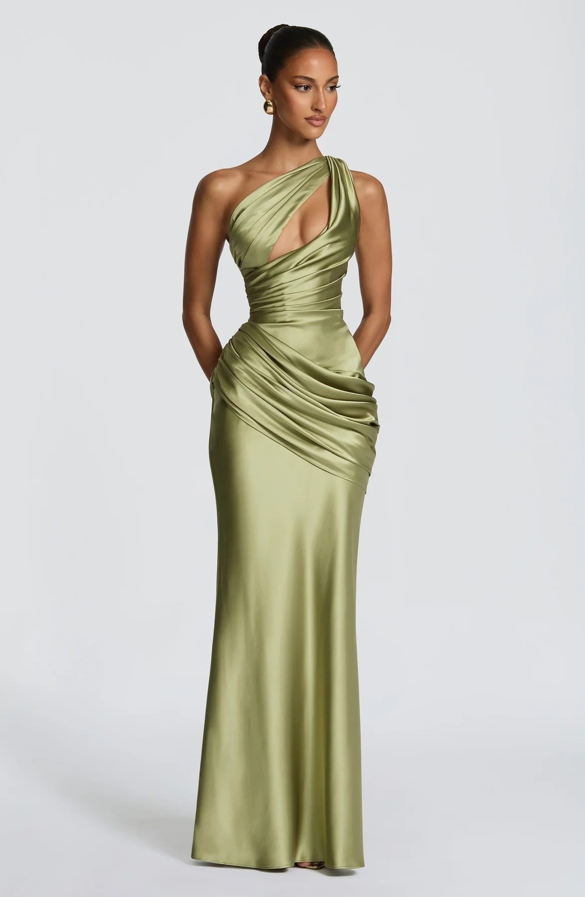 Women's One Shoulder Satin Mermaid Evening Gown with Cutout Detail