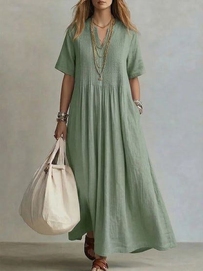 Women's Cotton Linen Maxi Dress – Casual V-Neck Boho Summer Dress