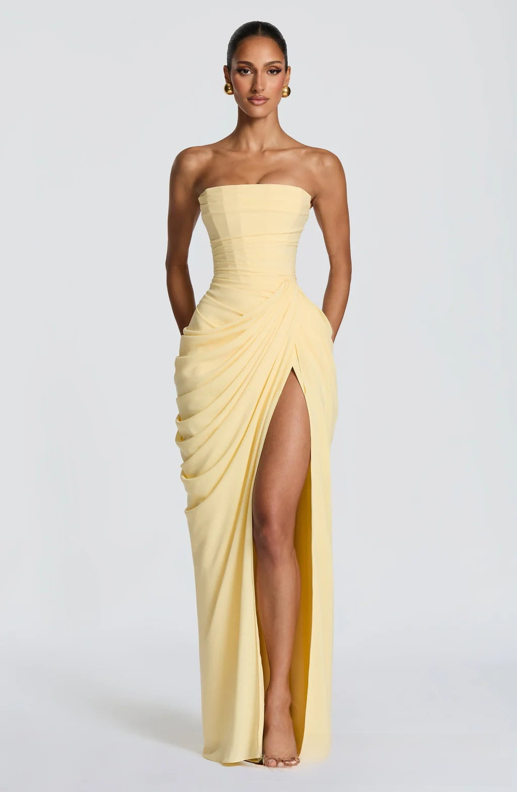 Strapless Ruched High Slit Evening Gown