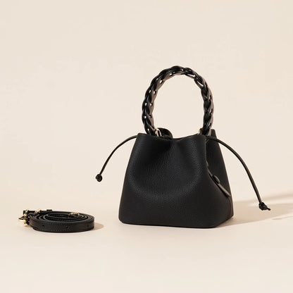 Genuine Leather Women's Bucket Bag with Adjustable Strap