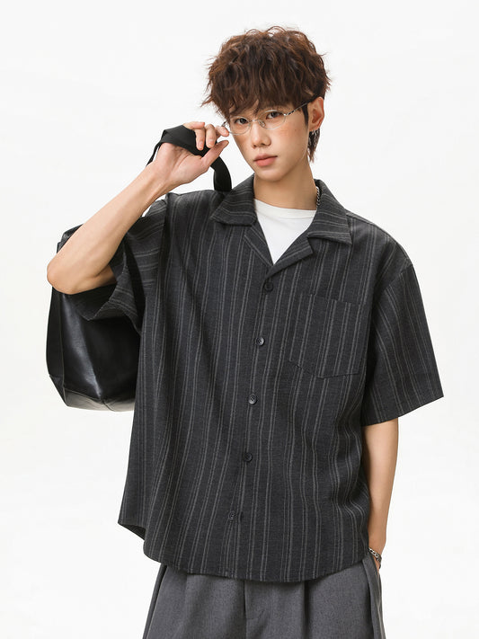 Cuban Collar Striped Casual Shirt