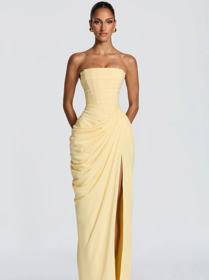 Strapless Ruched High Slit Evening Gown