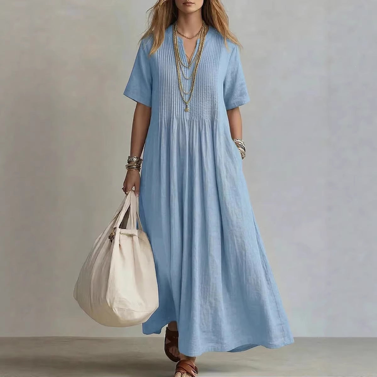 Women's Cotton Linen Maxi Dress – Casual V-Neck Boho Summer Dress