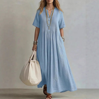 Women's Cotton Linen Maxi Dress – Casual V-Neck Boho Summer Dress