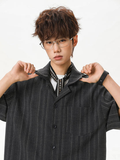 Cuban Collar Striped Casual Shirt