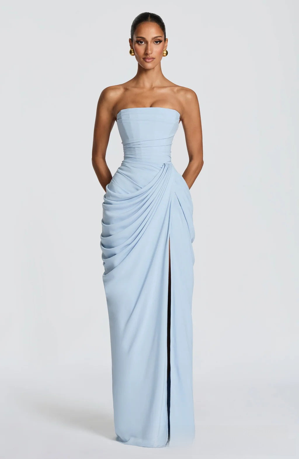 Strapless Ruched High Slit Evening Gown