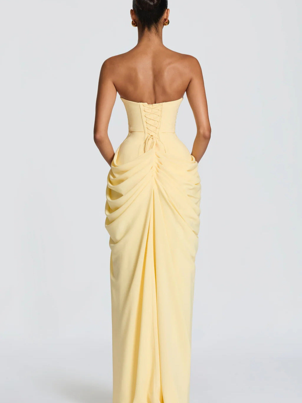 Strapless Ruched High Slit Evening Gown
