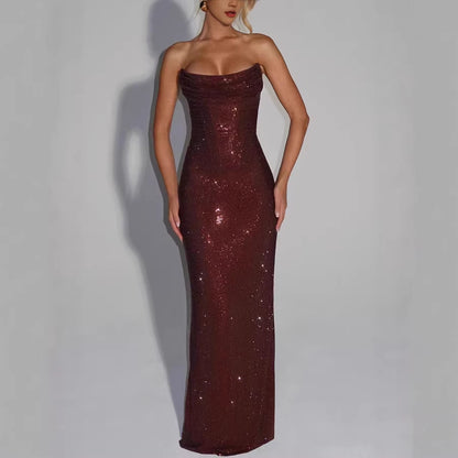 Women's Strapless Sequin Evening Gown – Sparkly Bodycon Maxi Dress