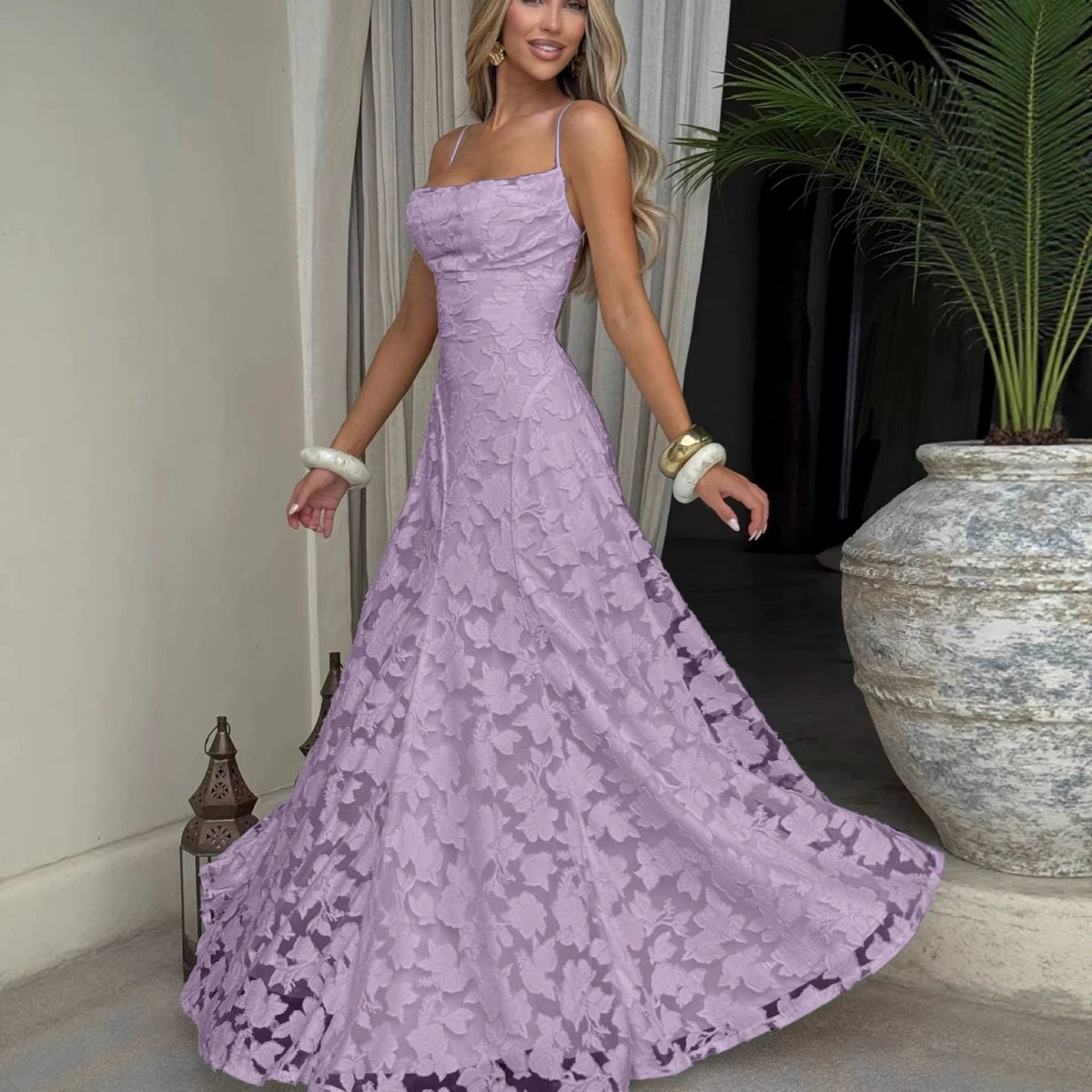 Elegant Lace Evening Gown – Spaghetti Strap Maxi Dress