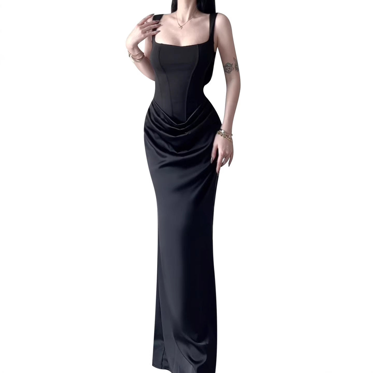Square Neck Mermaid Evening Gown with Draped Waist