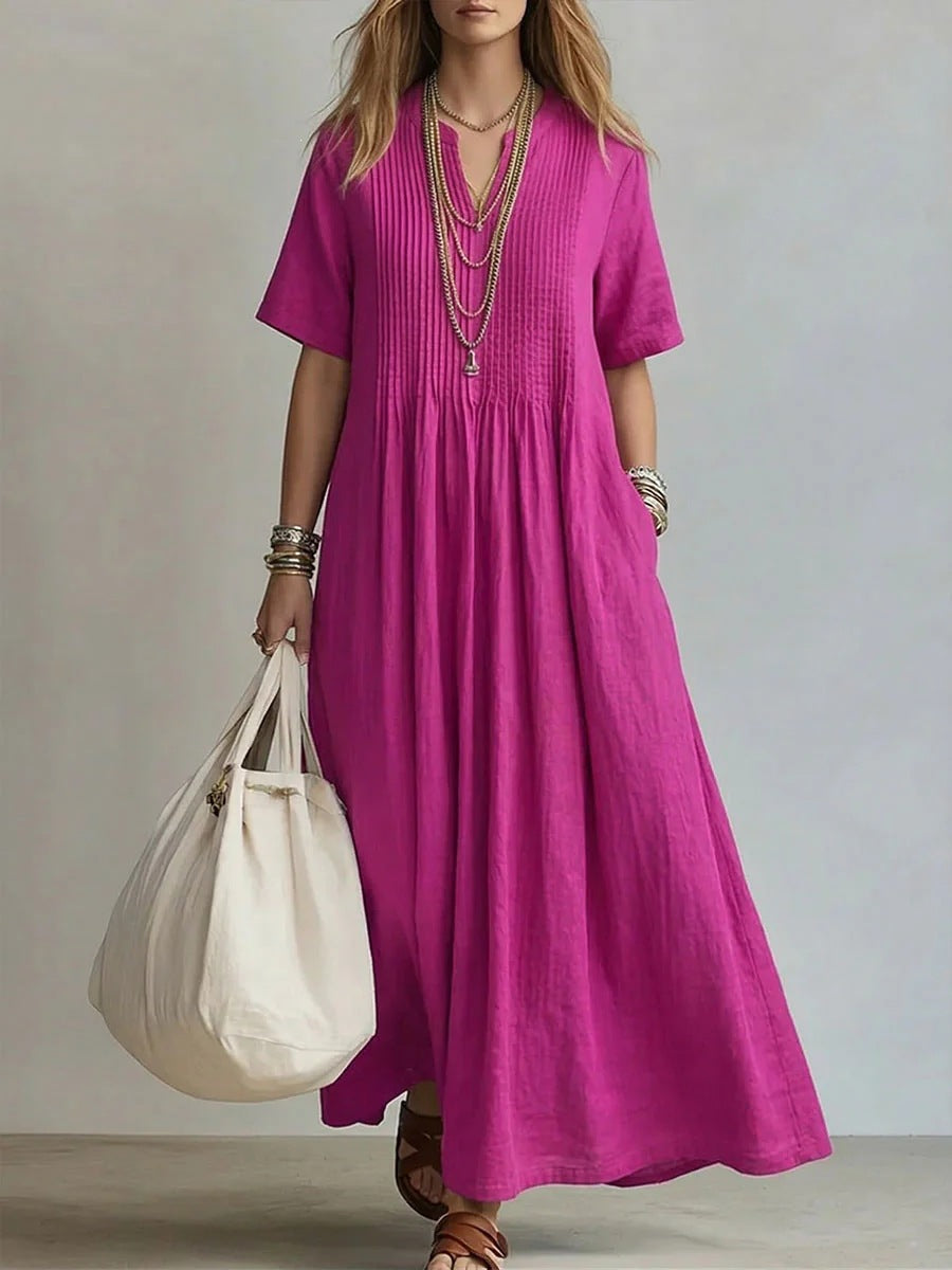 Women's Cotton Linen Maxi Dress – Casual V-Neck Boho Summer Dress