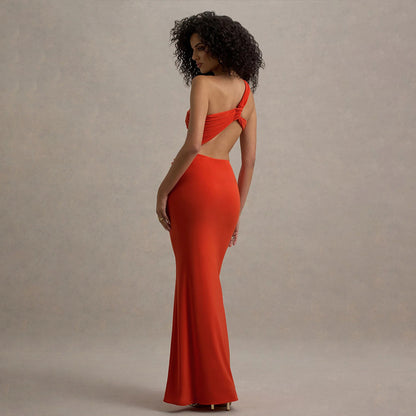 One Shoulder Backless Ruched Long Dress