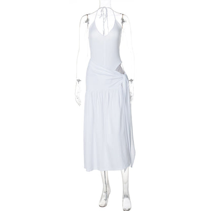 Womens V-Neck Halter Backless Jumpsuit with High-Waisted Skirt