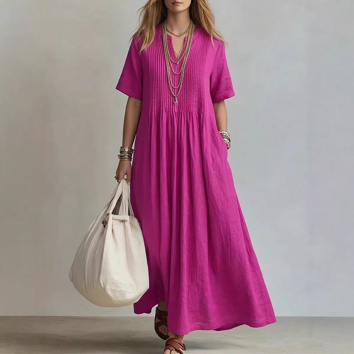 Women's Cotton Linen Maxi Dress – Casual V-Neck Boho Summer Dress