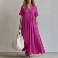 Women's Cotton Linen Maxi Dress – Casual V-Neck Boho Summer Dress