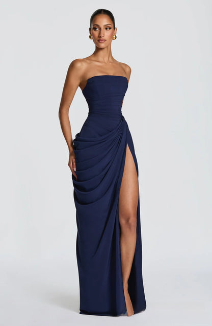 Strapless Ruched High Slit Evening Gown