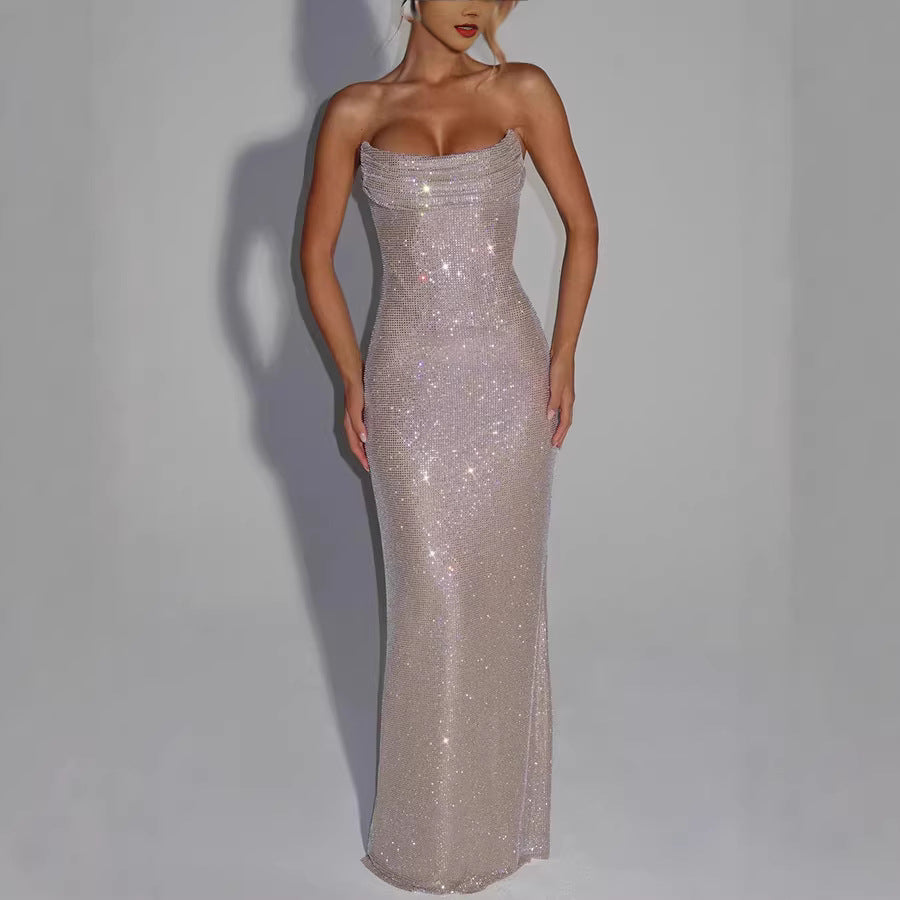 Women's Strapless Sequin Evening Gown – Sparkly Bodycon Maxi Dress