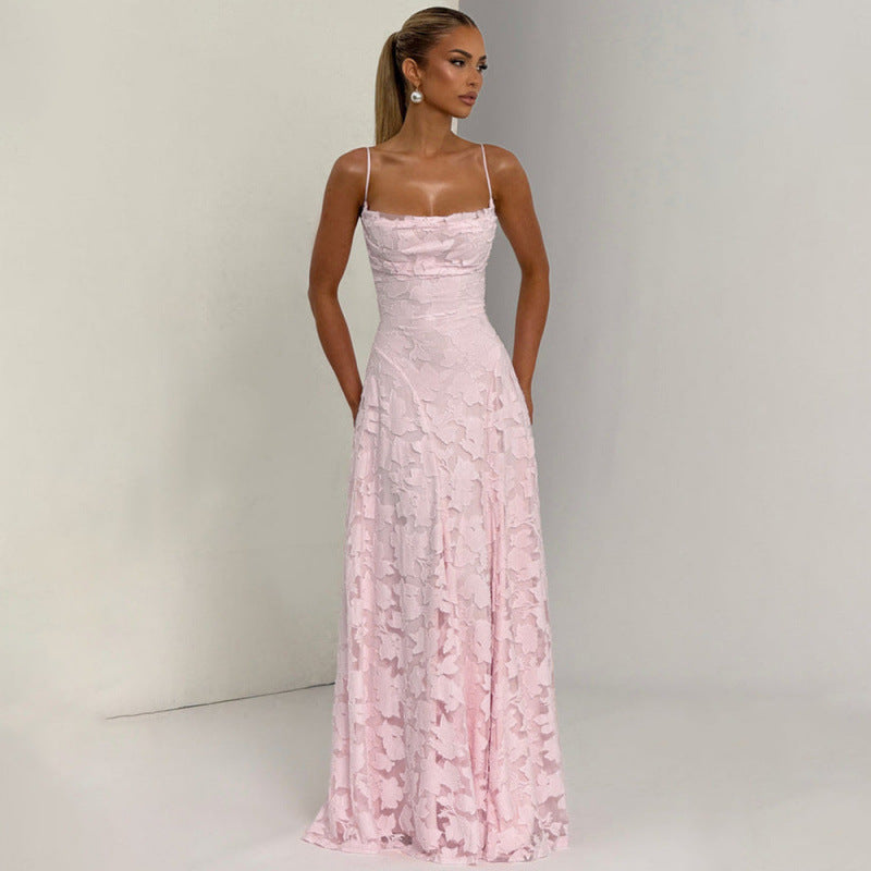 Elegant Lace Evening Gown – Spaghetti Strap Maxi Dress