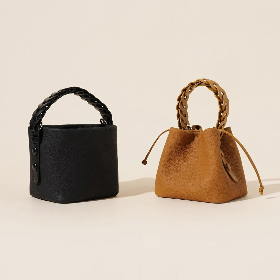 Genuine Leather Women's Bucket Bag with Adjustable Strap