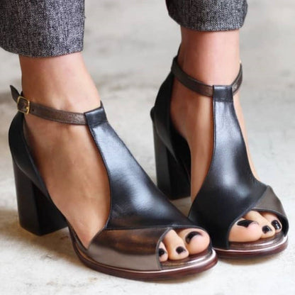 Women's Black T-Strap Block Heels | Monroe Open-Toe Heels