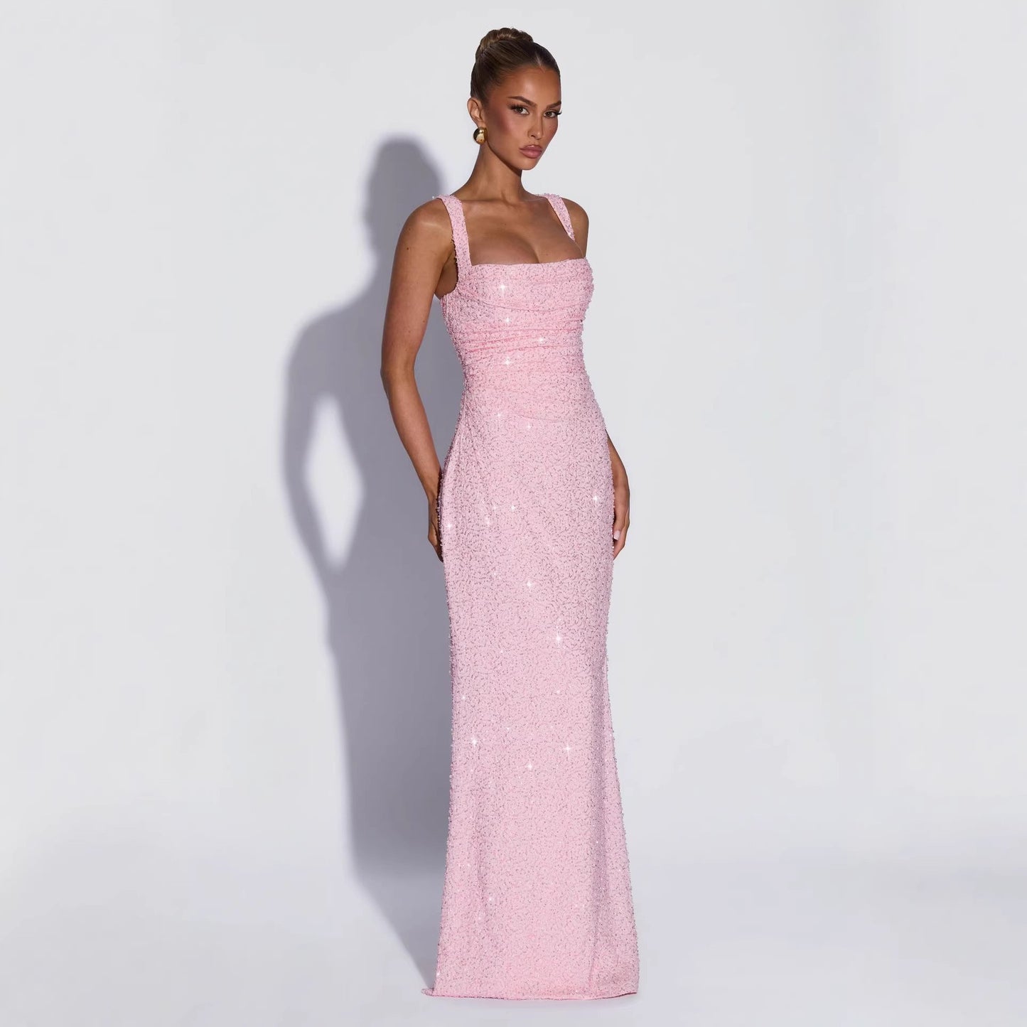 Women's Pink Sequin Evening Gown – Elegant Sleeveless Maxi Dress