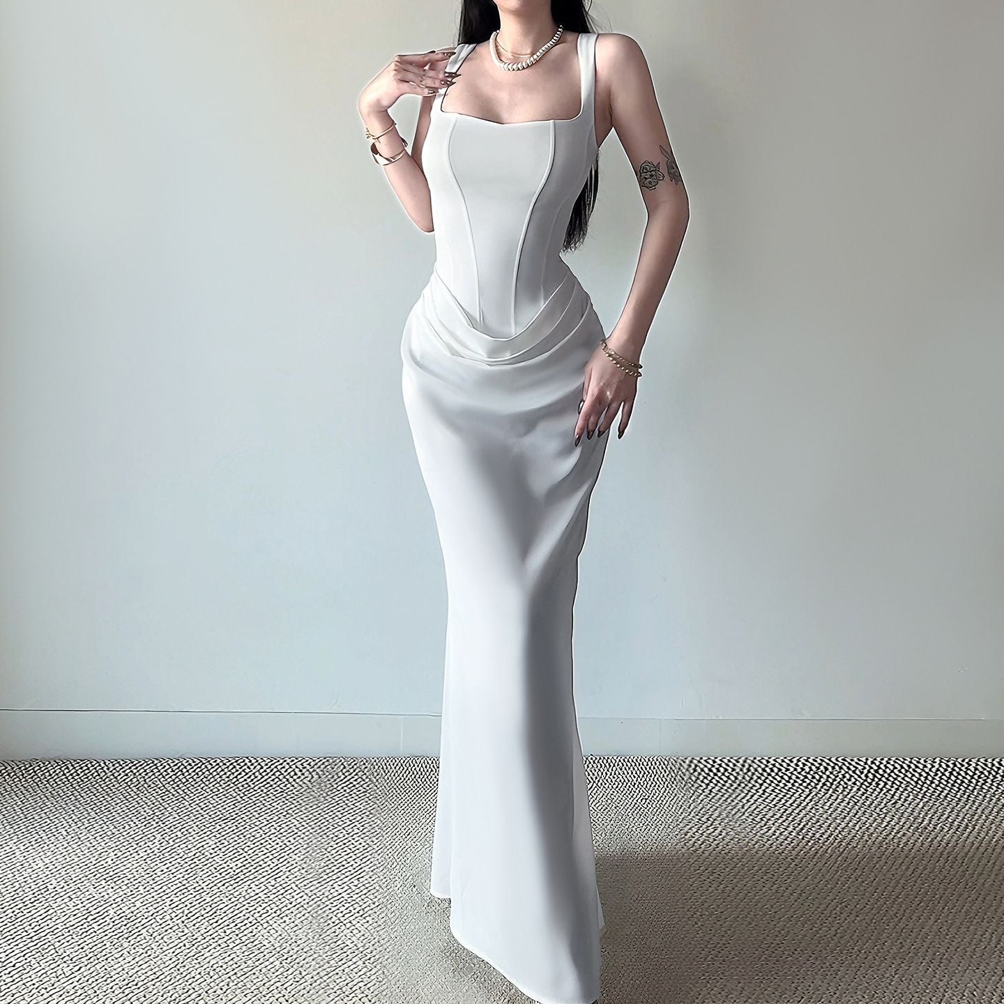 Square Neck Mermaid Evening Gown with Draped Waist
