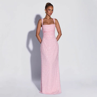 Women's Pink Sequin Evening Gown – Elegant Sleeveless Maxi Dress