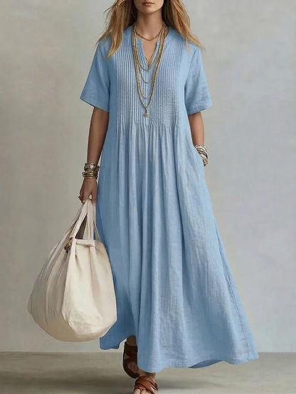 Women's Cotton Linen Maxi Dress – Casual V-Neck Boho Summer Dress