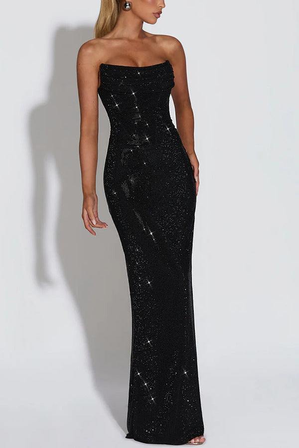 Women's Strapless Sequin Evening Gown – Sparkly Bodycon Maxi Dress