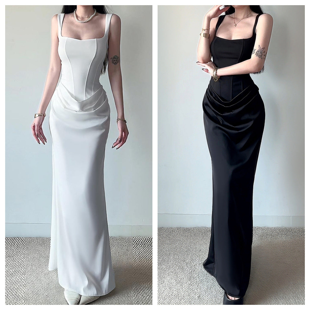 Square Neck Mermaid Evening Gown with Draped Waist